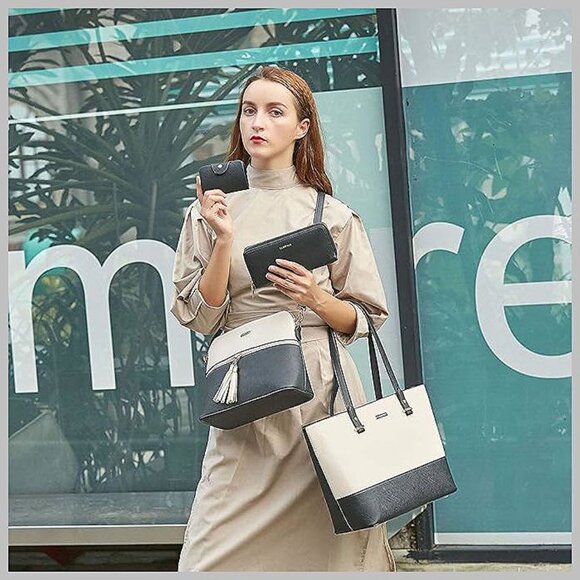 Women Fashion Synthetic Leather Handbags Tote Bag Shoulder Bag Black&purple - Picture 6 of 6